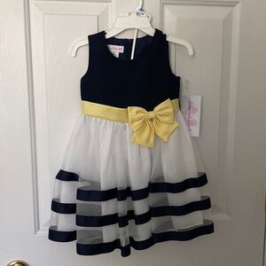 Navy and White Tulle Dress with Yellow Bow and Bloomers - 24 Months